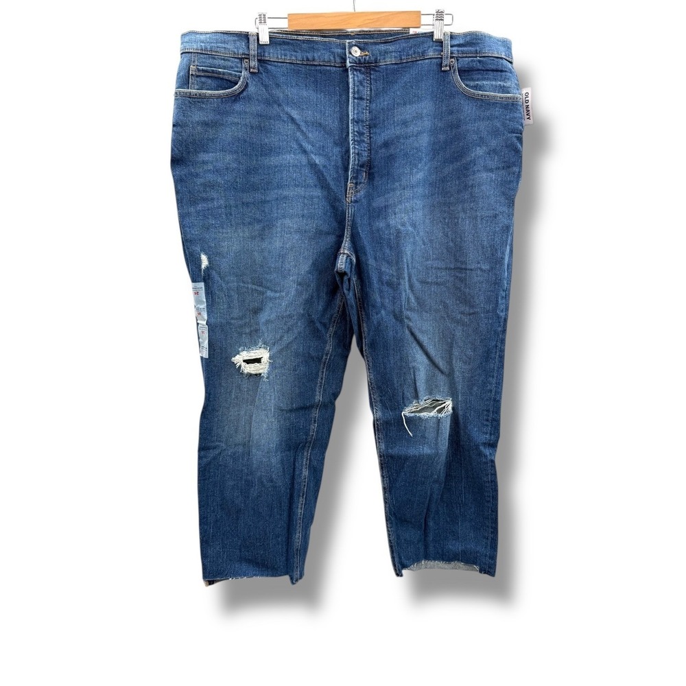 Old Navy NWT Sky-High Straight Jeans Women's 24 Plus Distressed Dark Wash Denim